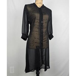 Sexy Tube Black Sheer Script Print Button Down Tunic High Low Hem 3/4 Sleeve O.S